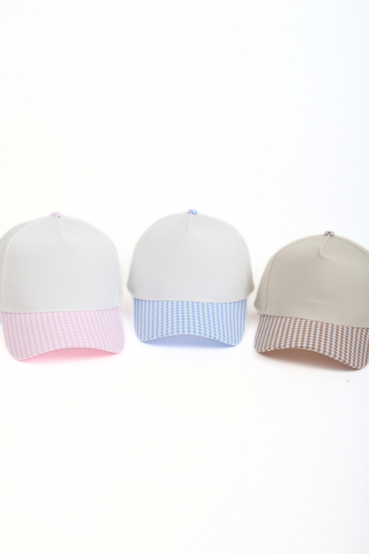 GINGHAM Print Brim Two Tone 5 Panel Cap: Pink