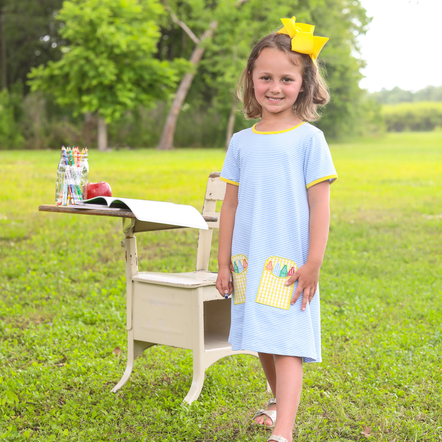 Crayon Pocket Applique Dress for girls by Jellybean by Smock Candy