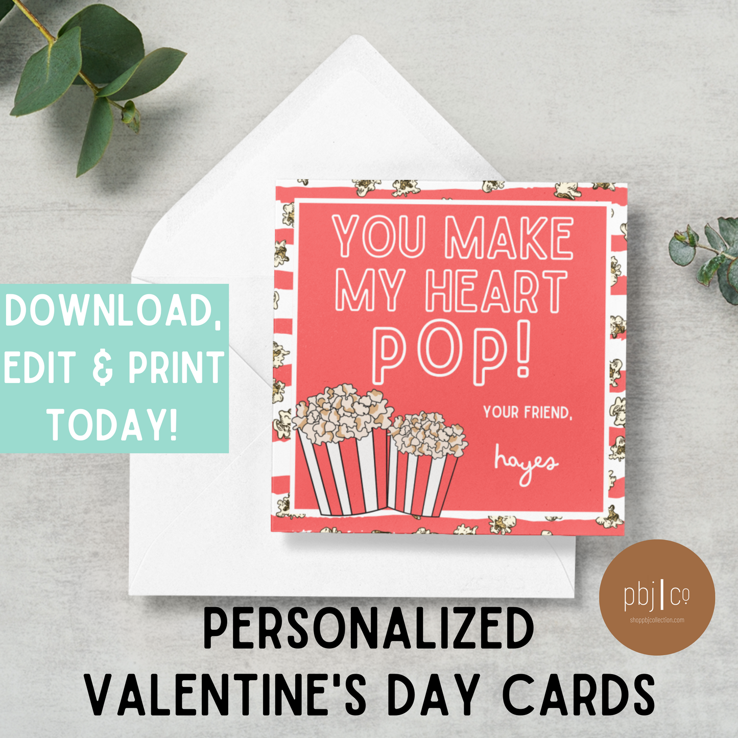 EDITABLE Kids Customized Popcorn Valentine's Day Cards Favors Boy Girl Valentines Gift Tag Classroom Daycare Teacher